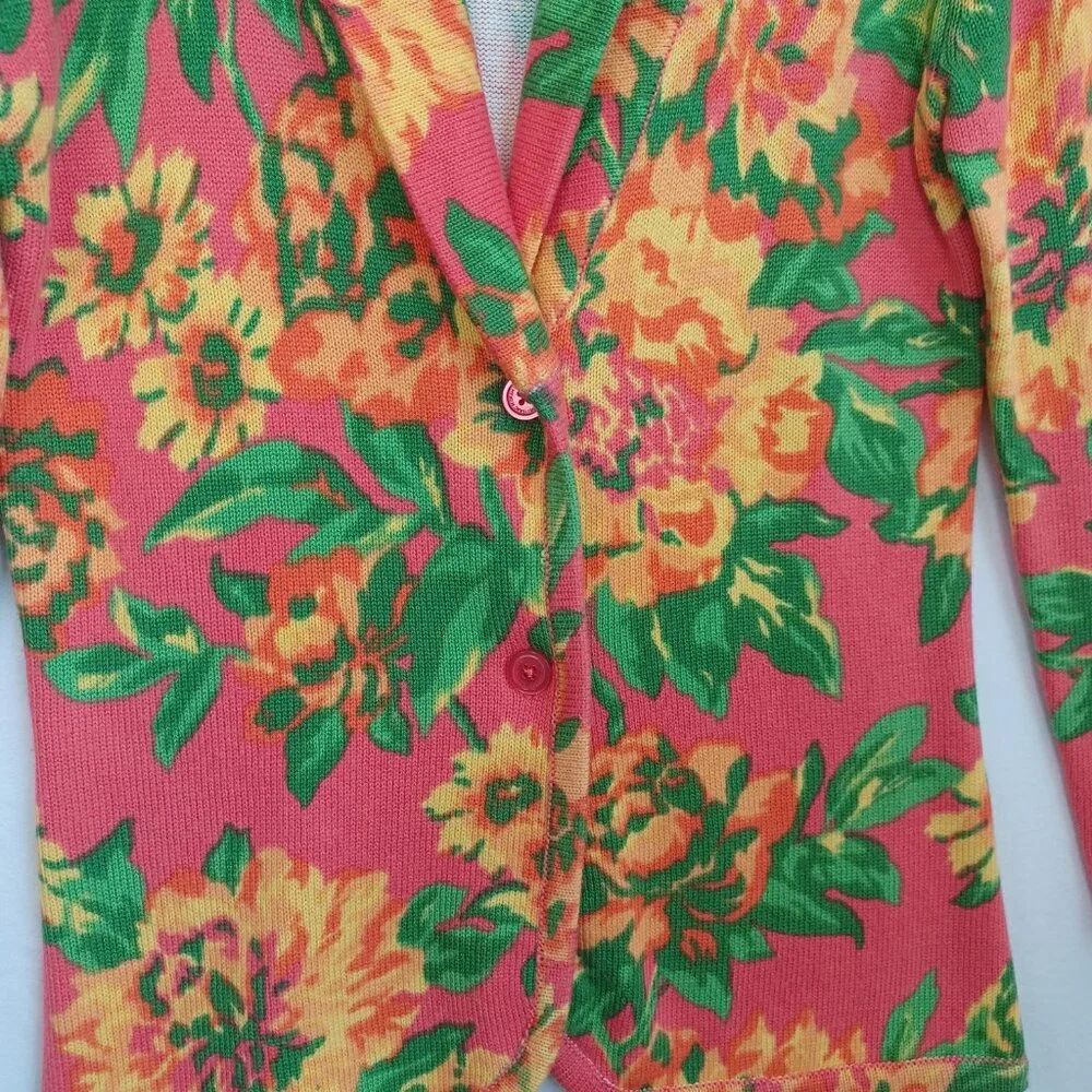 Isaac Mizrahi Live Sweater Cardigan Two Button Collared Salmon Yellow‎ Floral Sm
